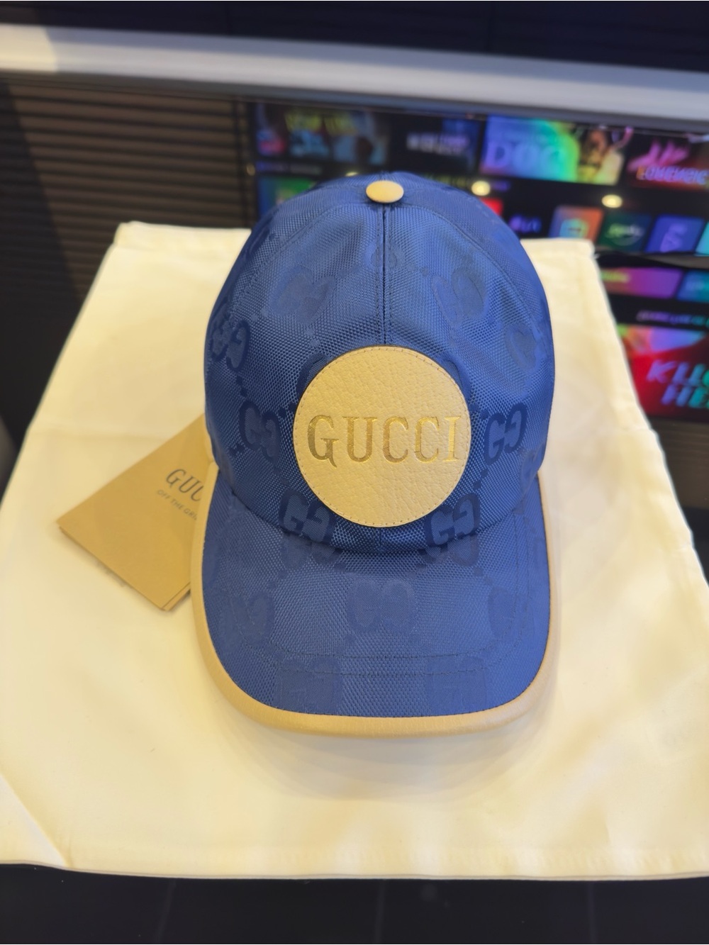 Gucci Off the Grid Blue Baseball Cap with Beige Logo Patch